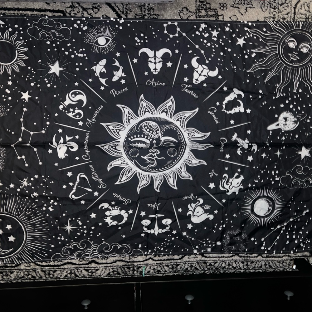 Black and white tapestry. Zodiac signs.